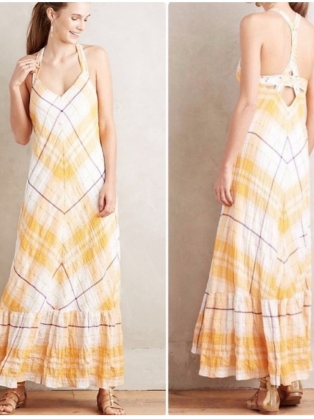 Holding Horses Anthropologie Women S Plaid Gauze Ruffle Clementine Maxi Dress
